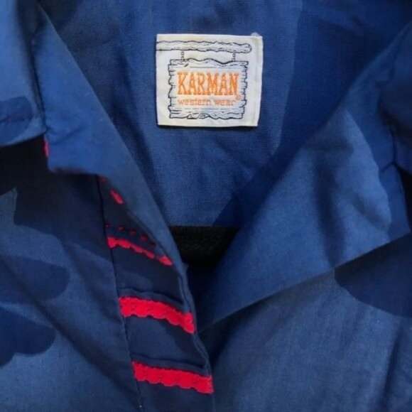 Vintage Karman Western Wear Lantern Sleeve Blue Red Embroidery Button Down Shirt - Picture 3 of 8